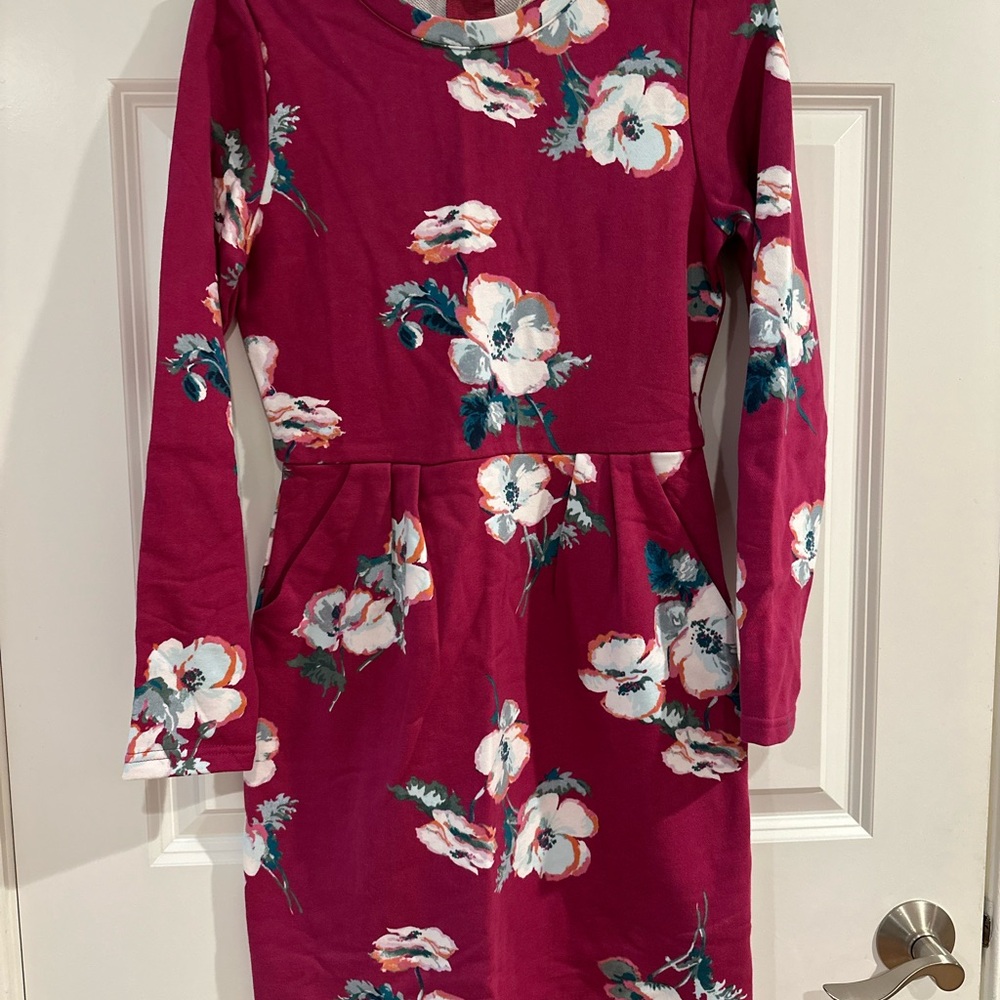 Joules Daylia Ruby Pink Poppy Floral Print Cotton Long Sleeve Jersey Dress